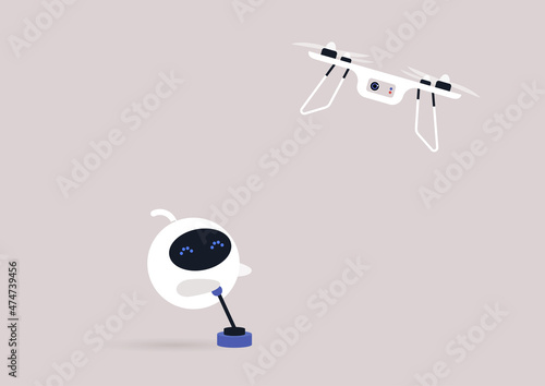 Cute round robot operating a hovering drone with a remote control joystick
