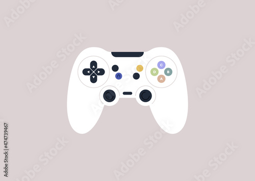 An isolated video game joystick with colorful buttons and control elements