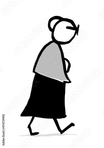 Cute isolated old woman walking. Hand drawn ink strokes style vector illustration isolated on white background.