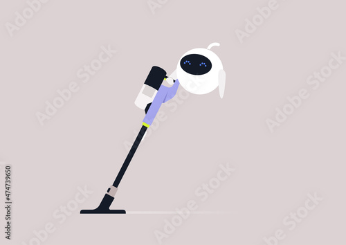 Cute round robot cleaning apartment with a cordless vacuum cleaner, household chores