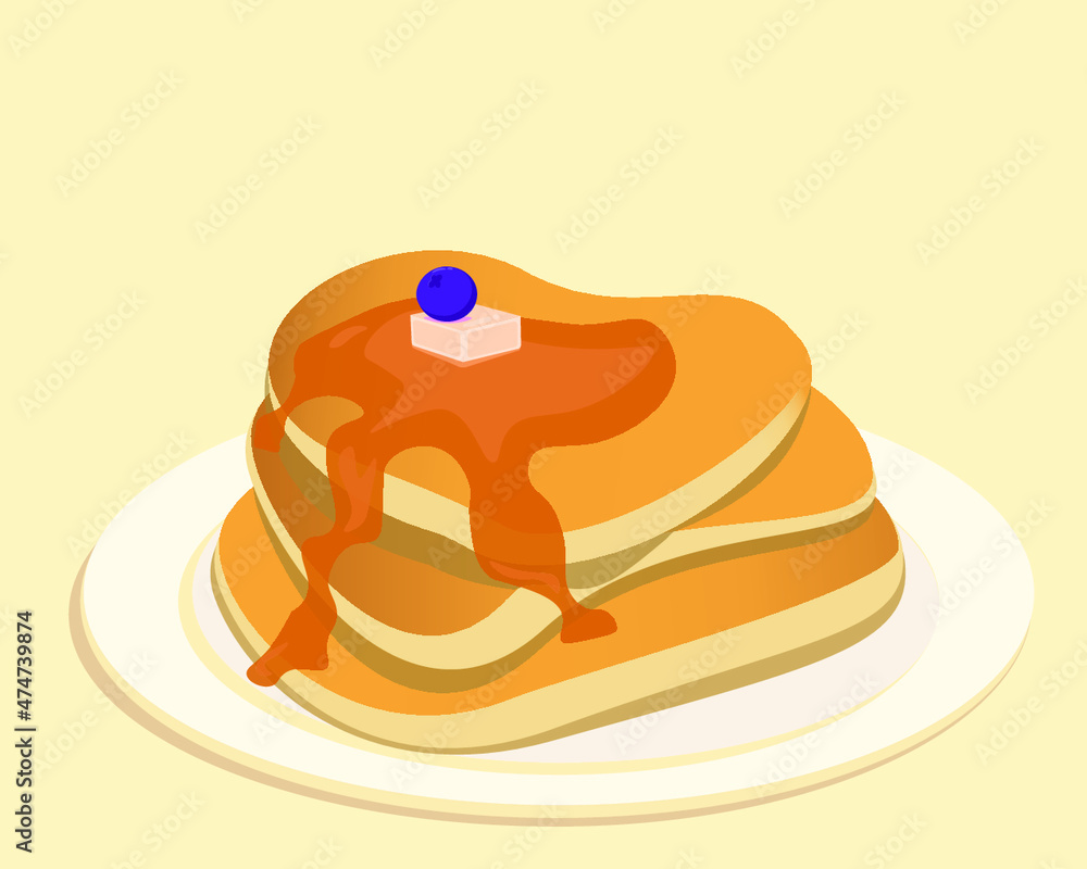 Obraz premium Pancakes with blueberry berries and syrup. Yellow background.