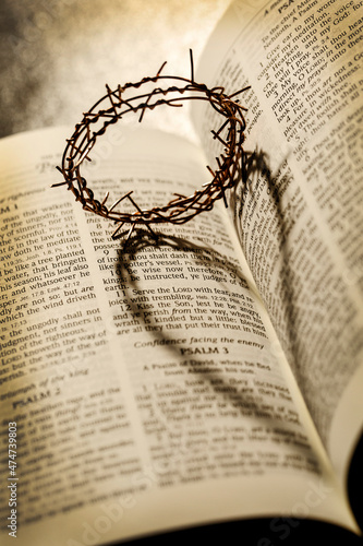Conceptual image of the bible with a crown of thorns casting a heart shaped shadow on a page of it.