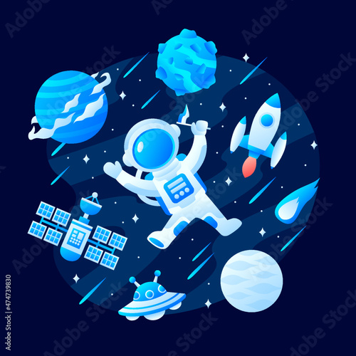 Gradient space illustration with bunch of icon in dark background