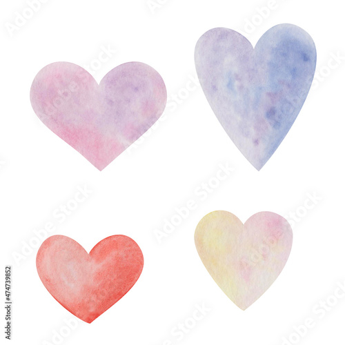 Watercolor illustration of hand painted red  pink  blue hearts with gradient isolated on white. Clip art design set of elements for birthday postcard  wedding invitation. Love card for Valentine s Day