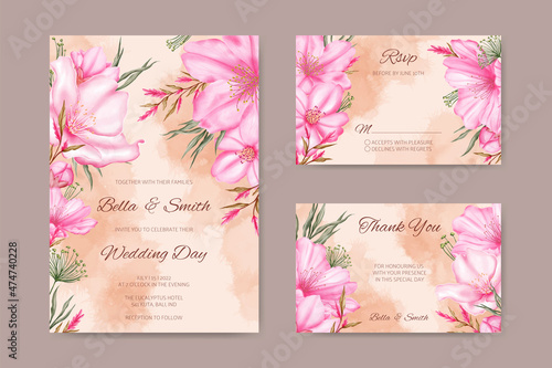 Vintage watercolor cherry blossom wedding invitation card set