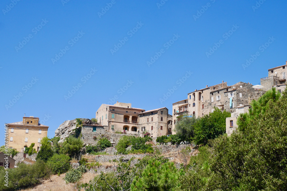 Lama, Corsica, 24.07.2020 - Landscape view of Lama, a traditional mountain village in Corsica island, France.