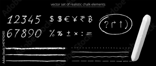 Vector set of chalk elements. Hand drawn digits, arrows, percent and currency signs. Straight, wavy and dashed underline strokes. Realistic piece of chalk. Black background photo