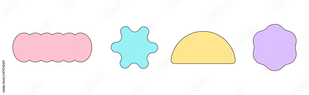 Set of patches and stickers with copy space in retro pop style colorful pastel colors with a stroke. Cool graphic background design elements. Simple isolated vector shapes for promo, packaging, social