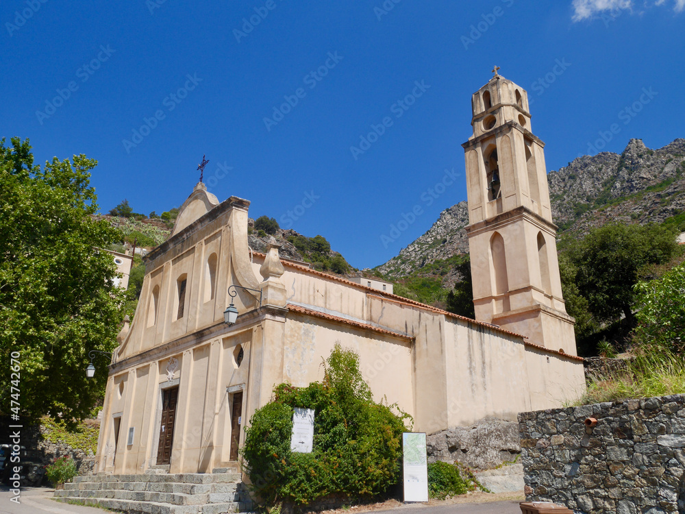 Medieval church in the traditional mountain village Lama, Corsica, France.