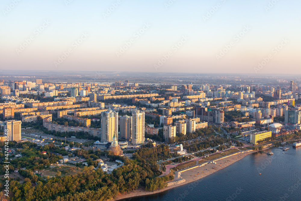 Fototapeta premium The Volga beach and the embankment. Aerial photography. Samara, Russia.