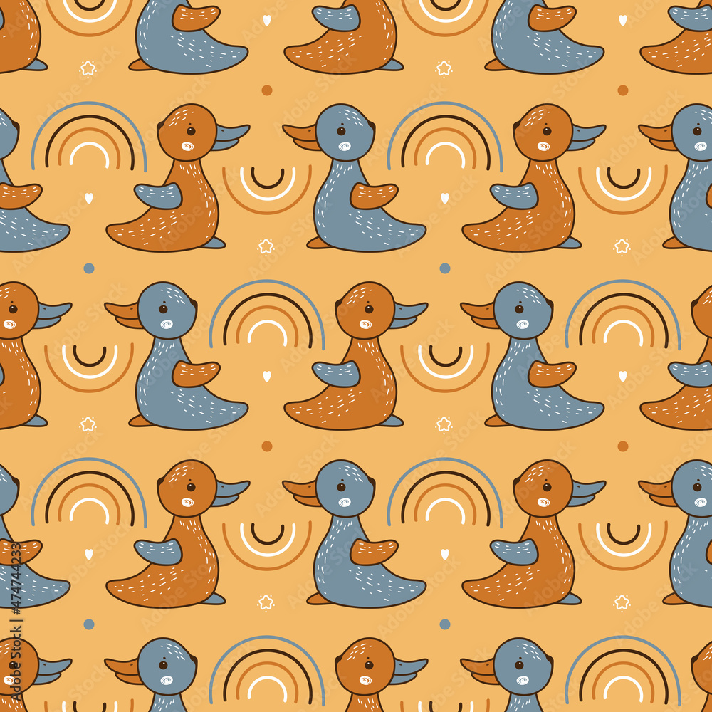 Funny optical illusion for kids with Cute bunny or duckling and rainbows. Baby seamless pattern. Rabbit or Duck Childish Background Funny optical illusion for kids with Cute bunny or duckling and rainbows. Baby seamless pattern. Rabbit or Duck Childish Background