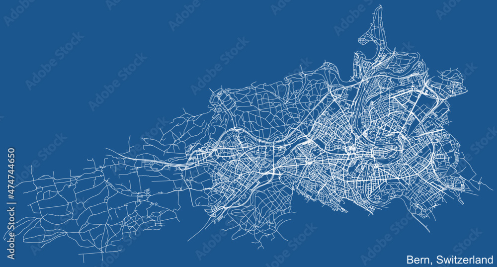 Detailed technical drawing navigation urban street roads map on blue background of Swiss capital city of Bern, Switzerland