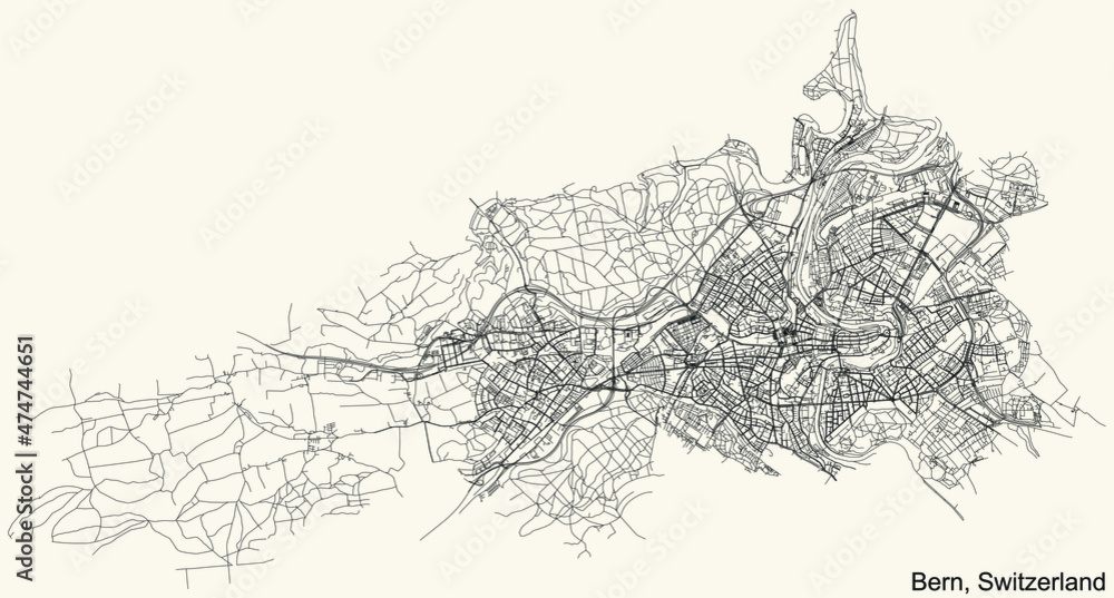 Detailed navigation urban street roads map on vintage beige background of the Swiss capital city of Bern, Switzerland