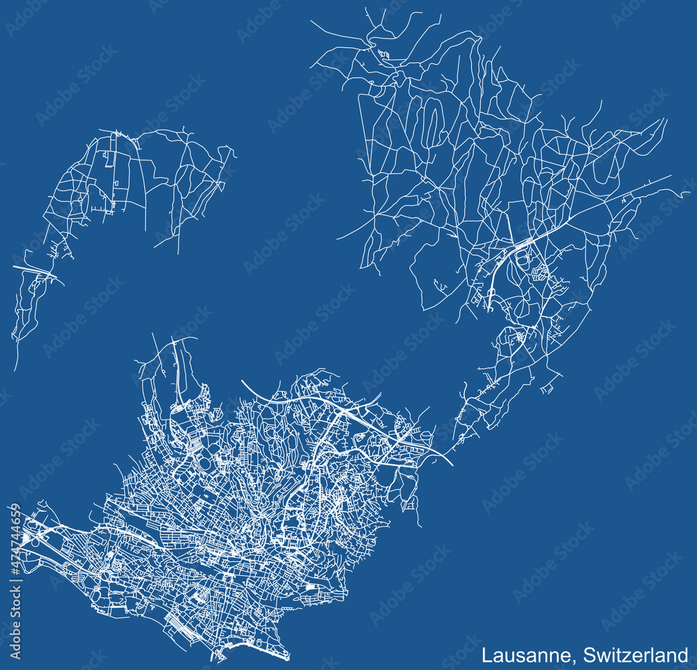 Detailed technical drawing navigation urban street roads map on blue background of Swiss regional capital city of Lausanne, Switzerland