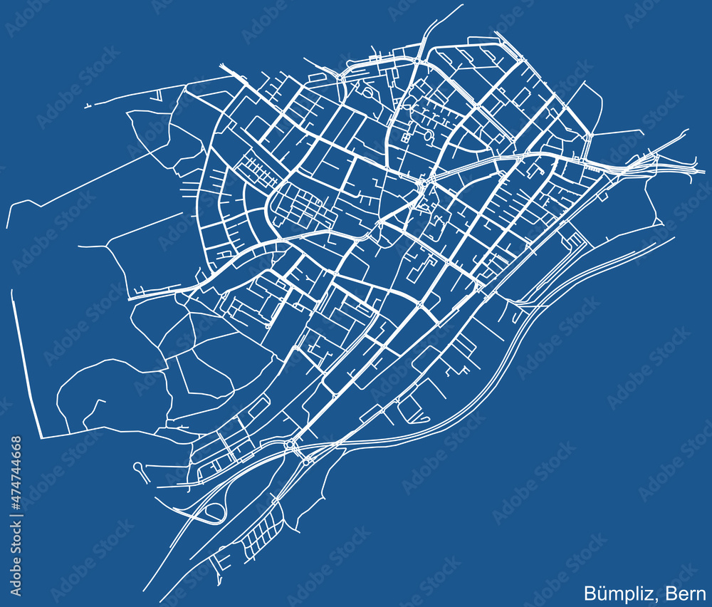 Detailed technical drawing navigation urban street roads map on blue background of the district Bümpliz Quarter of the Swiss capital city of Bern, Switzerland