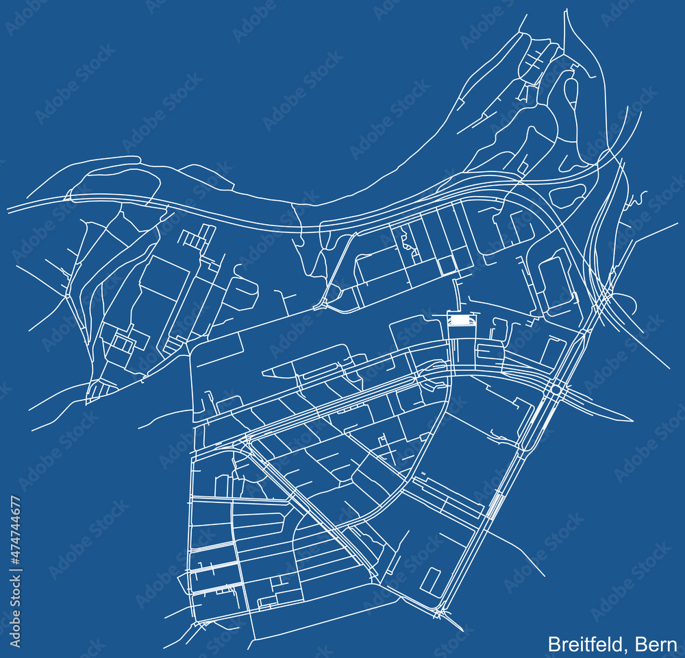 Detailed technical drawing navigation urban street roads map on blue background of the district Breitfeld Quarter of the Swiss capital city of Bern, Switzerland