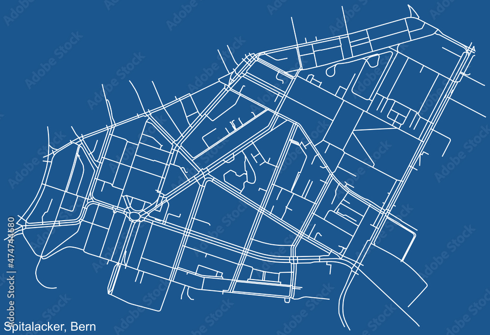 Detailed technical drawing navigation urban street roads map on blue background of the district Spitalacker Quarter of the Swiss capital city of Bern, Switzerland
