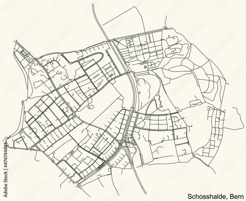 Detailed navigation urban street roads map on vintage beige background of the district Schosshalde Quarter of the Swiss capital city of Bern, Switzerland