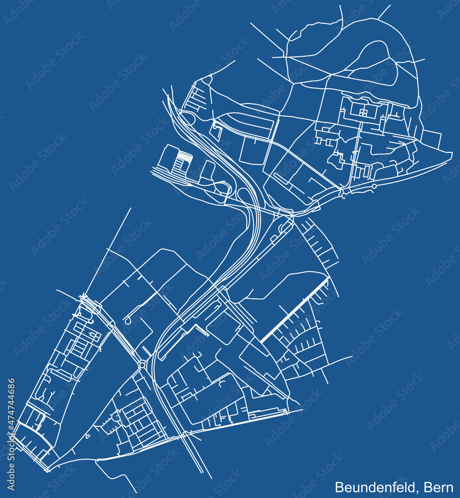 Detailed technical drawing navigation urban street roads map on blue background of the district Beundenfeld Quarter of the Swiss capital city of Bern, Switzerland