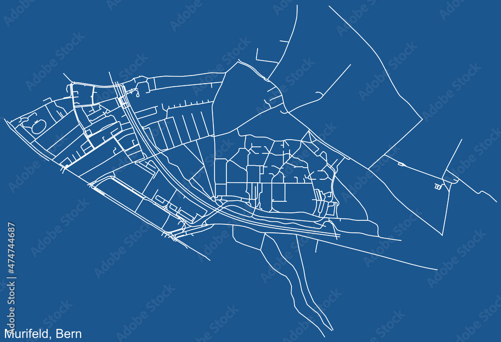 Detailed technical drawing navigation urban street roads map on blue background of the district Murifeld Quarter of the Swiss capital city of Bern, Switzerland