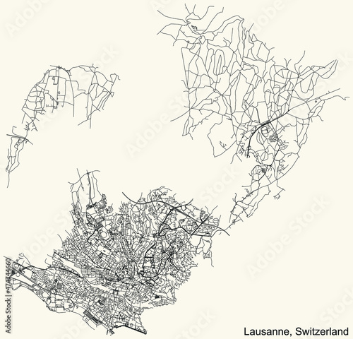 Detailed navigation urban street roads map on vintage beige background of the Swiss regional capital city of Lausanne, Switzerland