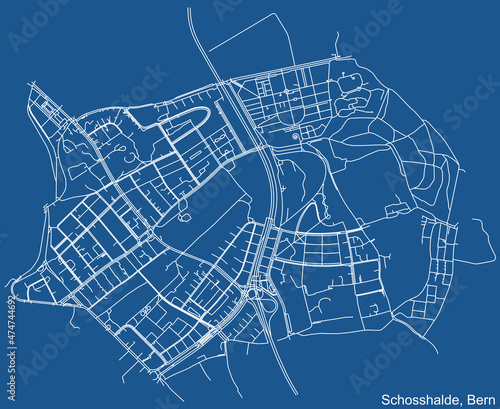 Detailed technical drawing navigation urban street roads map on blue background of the district Schosshalde Quarter of the Swiss capital city of Bern, Switzerland