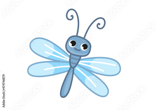 Cute cartoon dragonfly with blue wings. The moth flies and smiles. Small insect in motion. Cheerful insect. Colored flat vector illustration of a cute pet isolated on white background.