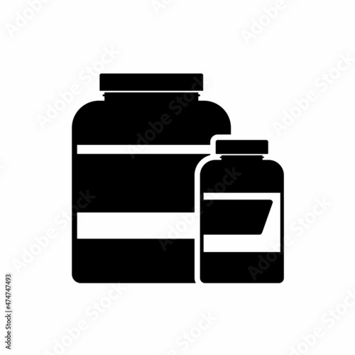 Sports nutrition icon containers packages, fitness protein power. Bodybuilding sport food. Jar or bottle with supplements for muscle growth. Gym icon, healthy lifestyle concept. Vector