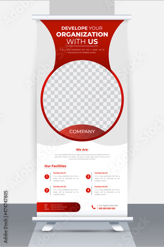 Creative Business Roll up banner design template, Stand roll up banner layout with unique and clean mock up for exhibition, Modern and editable X-Banner and Stand Red Color