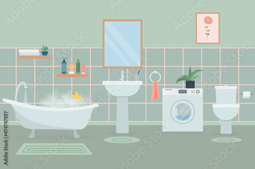 Bathroom interior with furniture. Flat vector illustration.