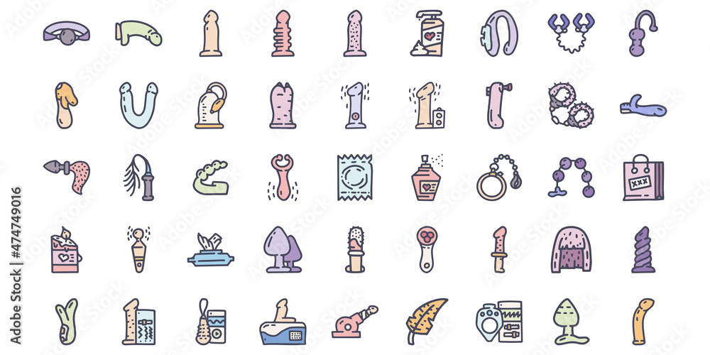 Sex toys and accessories color vector doodle simple icon set