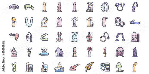 Sex toys and accessories color vector doodle simple icon set
