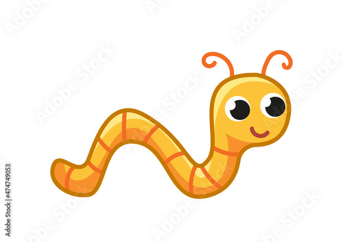 Cute happy striped worm is crawling. Playful baby worm is walking. Small insect in motion. Cheerful yellow worm. Colored flat vector illustration of a cute pet isolated on white background.