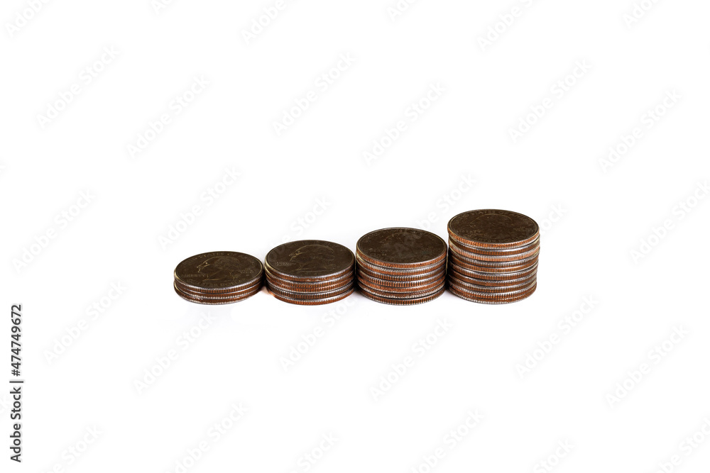 Overhead view of 4 stacks of US quarters, isolated on white background
Overhead view of 4 stacks of US quarters, isolated on white background