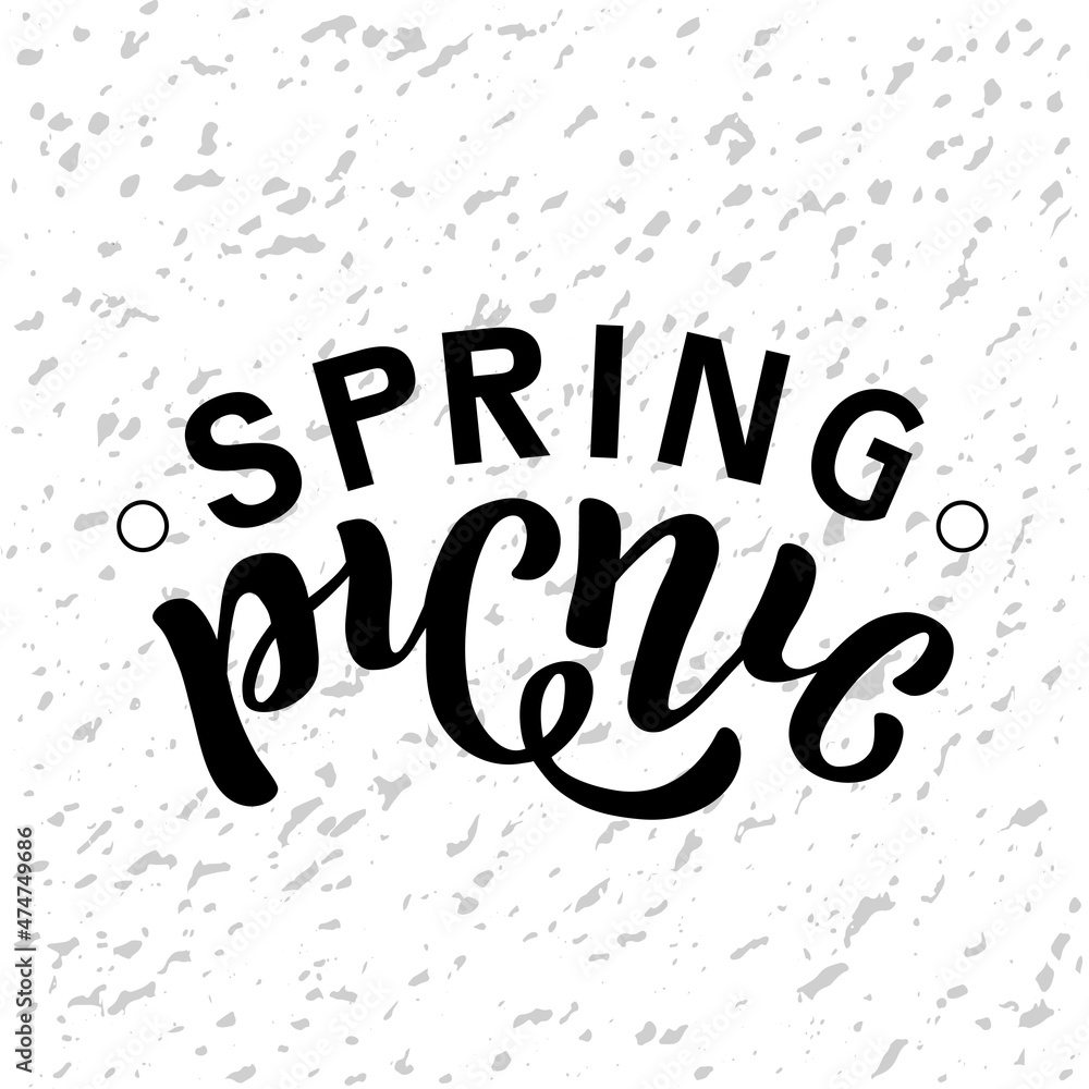 Hand drawn vector illustration with black lettering on textured background Spring Picnic for party, invitation, celebration, advertising, information messages, poster, flyer, website, banner, template