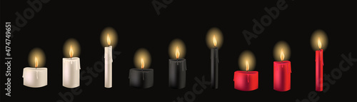Vector realistic candle set with fire on dark background. Color candles collection with flame for halloween, magic, mystique, romantic. Burning candlelight.