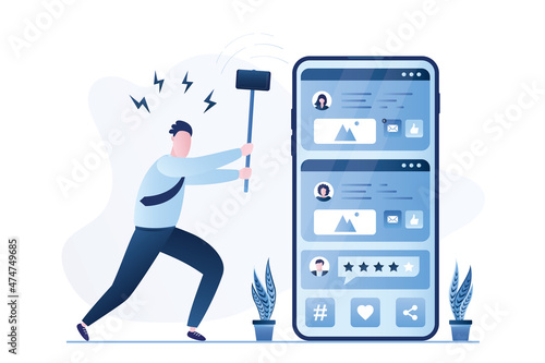 Social media fatigue. A young man wants to smash mobile phone using a hammer. Media application on smartphone screen. Dependence on gadgets and technology. Digital detox.