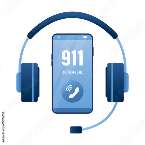 Big headset and mobile phone. 911 emergency call. Support 24/7, concept banner. Customer service. Emergency call center application. Hotline for help desk.