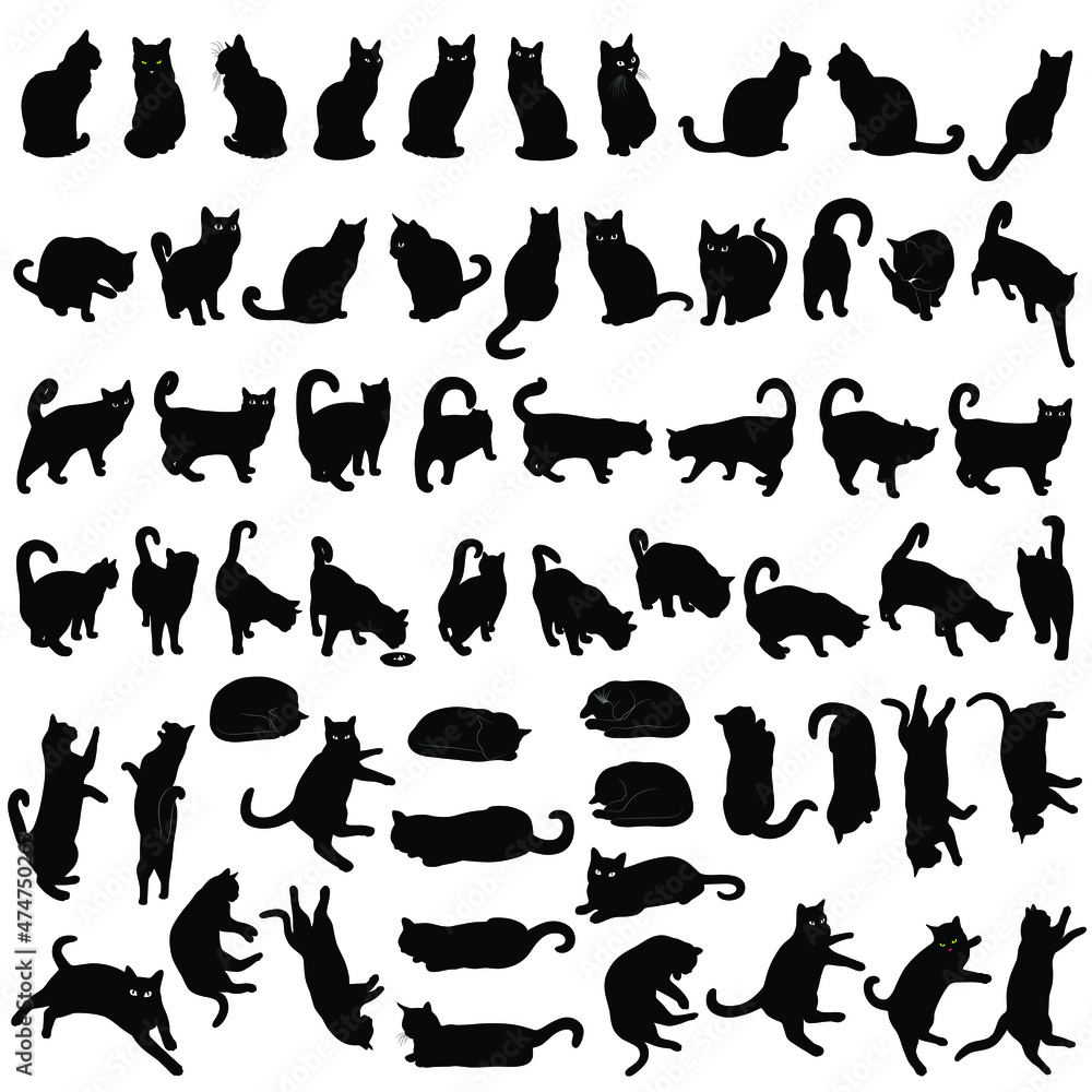 Big set of black vector silhouettes of cats in different poses. Icon of cats isolated on white background. Big set of black vector silhouettes of cats in different poses. Icon of cats isolated on white background.