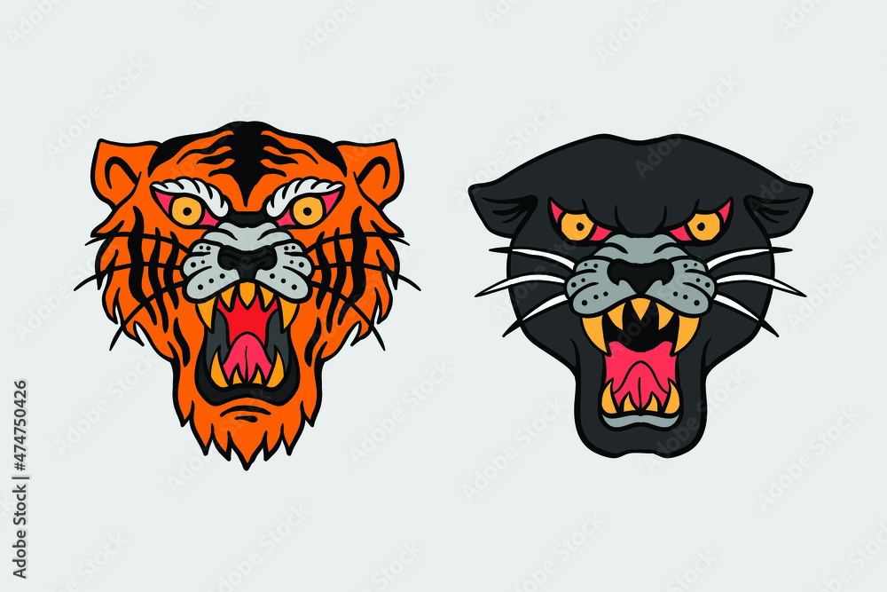 tiger and black panther illustration print on t-shirts,jacket,souvenirs or tattoo free vector tiger and black panther illustration print on t-shirts,jacket,souvenirs or tattoo free vector