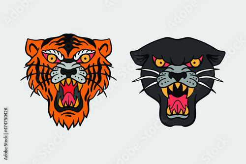 tiger and black panther illustration print on t-shirts,jacket,souvenirs or tattoo free vector