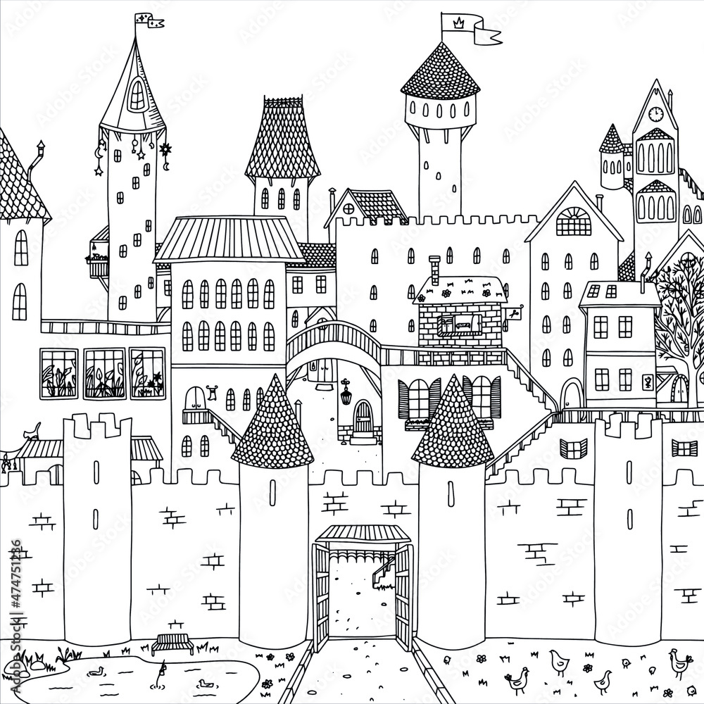 Castle coloring page: cute drawn detailed cartoon houses vector