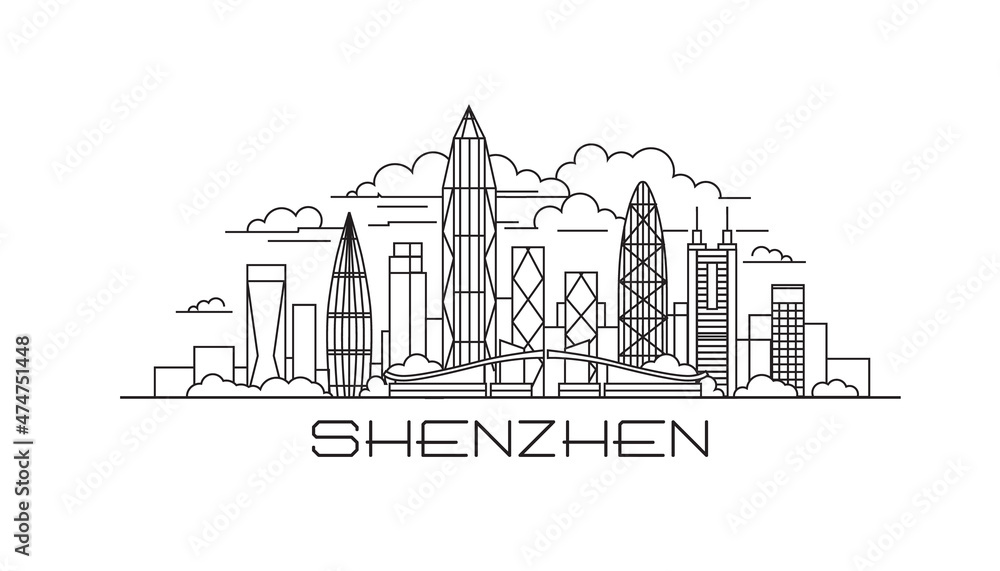 Shenzhen line style poster, banner, postcard, card for travel company, T-shirt, shirt. Shenzhen cartoon illustration. Modern lineart Shenzhen city illustration. Hand sketched drawing. EPS 10 vector