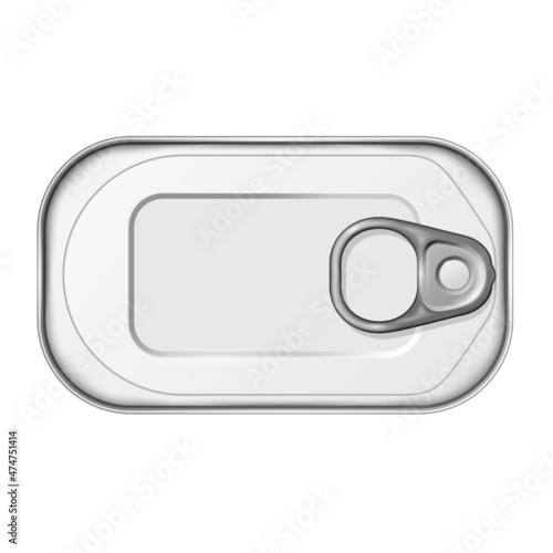 Tin can of rectangle shape blank template, top view, canned fish vector mockup