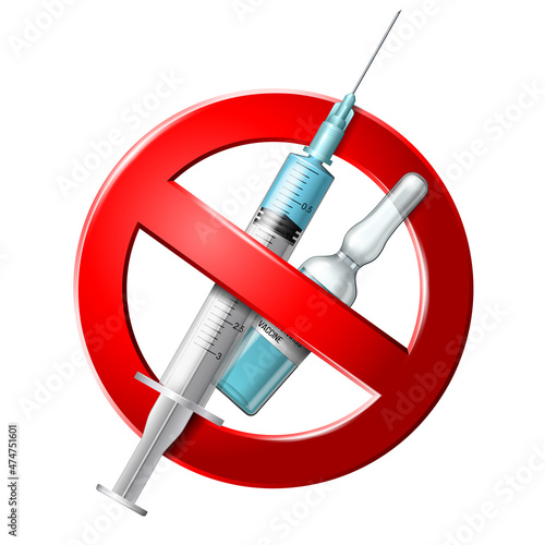 Syringe with blue liquid and forbidding sign.