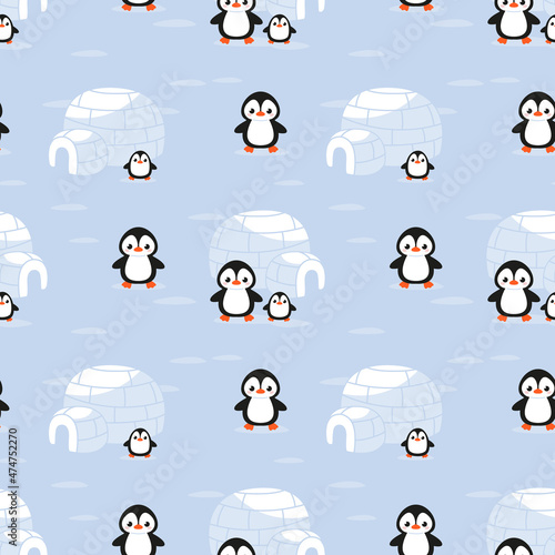 Seamless pattern with penguin and igloo houses among ice floes and arctic snows on a white background. Vector illustration in minimalistic flat style, hand-drawn. Christmas print for textiles