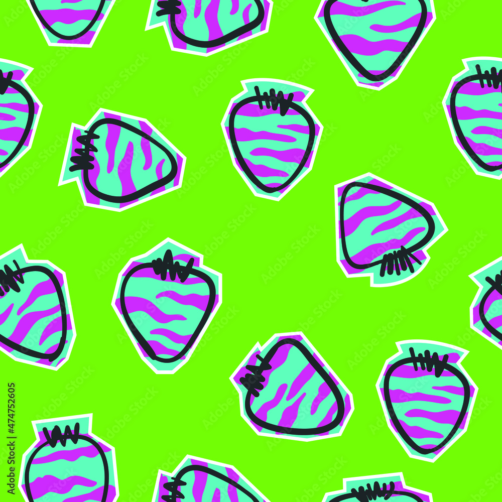 Seamless neon pattern with  strawberry. Background for textile, fabric, socks, stationery, wear, clothes, web and other design.