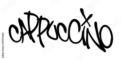 Sprayed cappuccino font graffiti with overspray in black over white. Vector illustration.