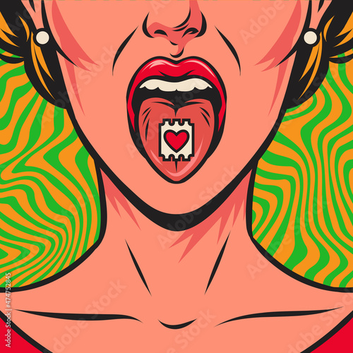 Woman's face with open mouth and drug stamp with a heart on her tongue, and psychedelic background. Acid drug. Vector comic hand drawn retro illustration. Pop art poster.