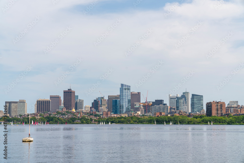Panoramic picturesque skyline city view of Boston at day time, Massachusetts. An intellectual, technological and political center. Building exteriors of financial downtown.